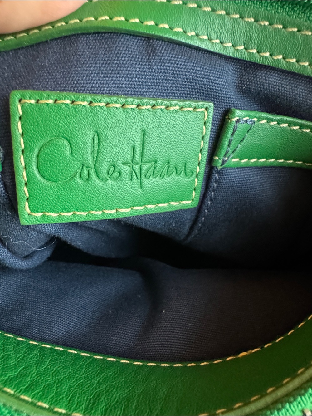 Cole Haan Beige Canvas Tote with Green Leather Trim - Picture 2 of 13